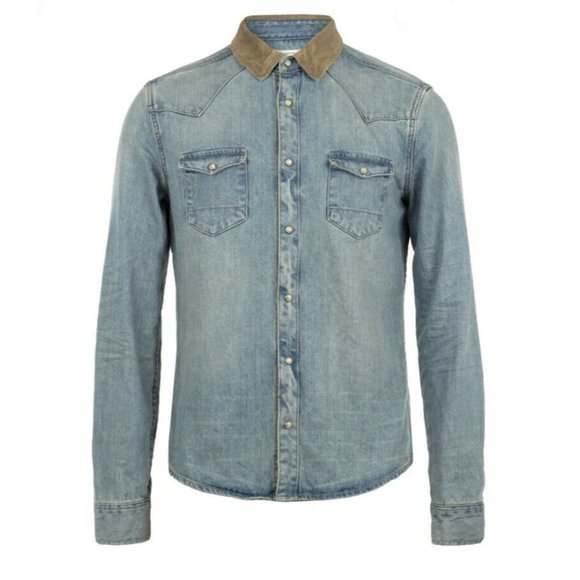 All Saints Men's Reed Regular Fit Blue Denim Shirt - Picture 2 of 10